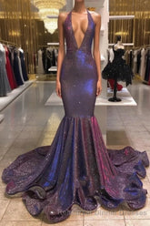 Chic Deep V-Neck Sleeveless Semi Formal Prom Dresses New Arrival Halter Memaiad Sequins Evening Gowns